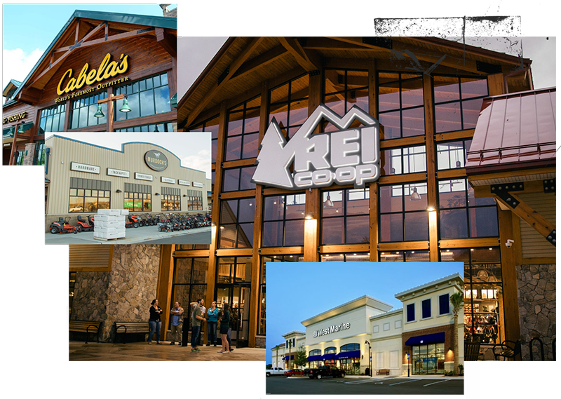 Image grouping of Cabela's, REI, other store fronts.