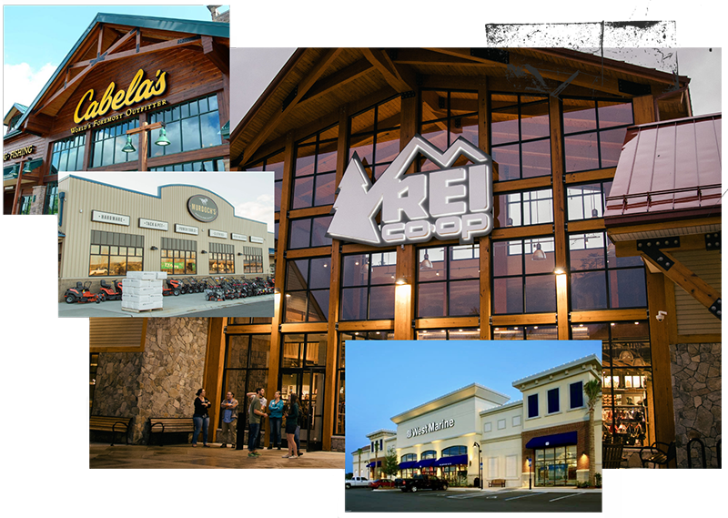 Image grouping of Cabela's, REI, other store fronts.